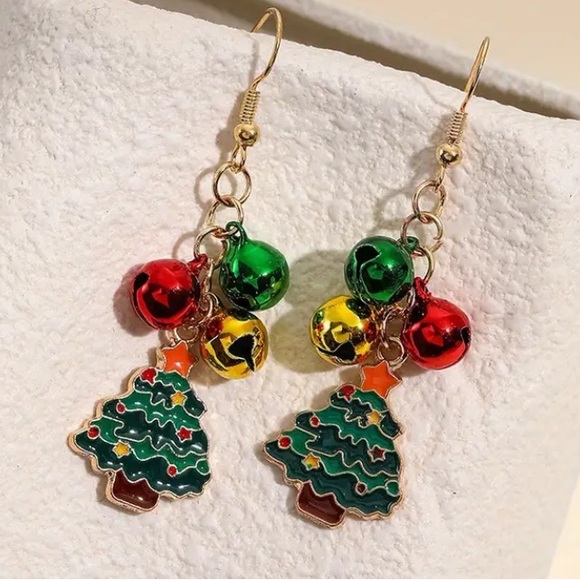 Christmas Tree with Bells Holiday Dangle Earrings - Picture 2 of 3